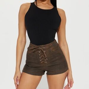 NWT Fashion Nova Can't Be Ignored Lace Up Coated Denim Shorts - Brown